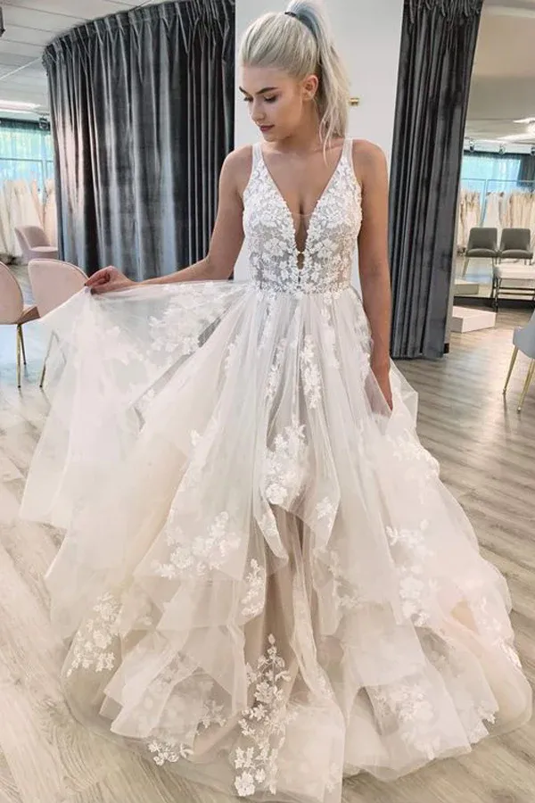 V Neckline Tired Tulle A line Lace Wedding Dress Floor Length APW0408