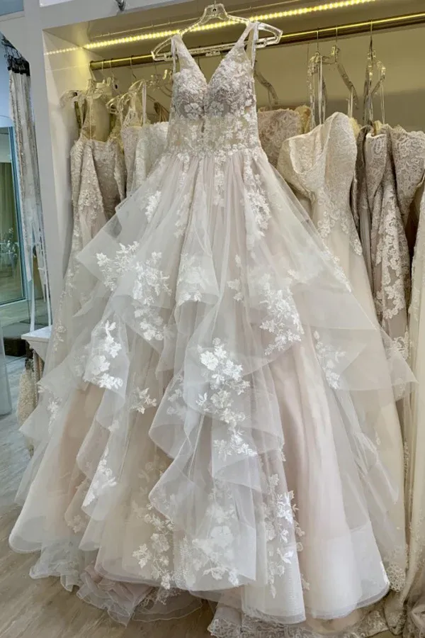 V Neckline Tired Tulle A line Lace Wedding Dress Floor Length APW0408