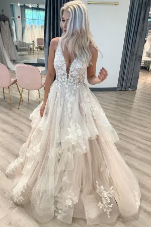 V Neckline Tired Tulle A line Lace Wedding Dress Floor Length APW0408