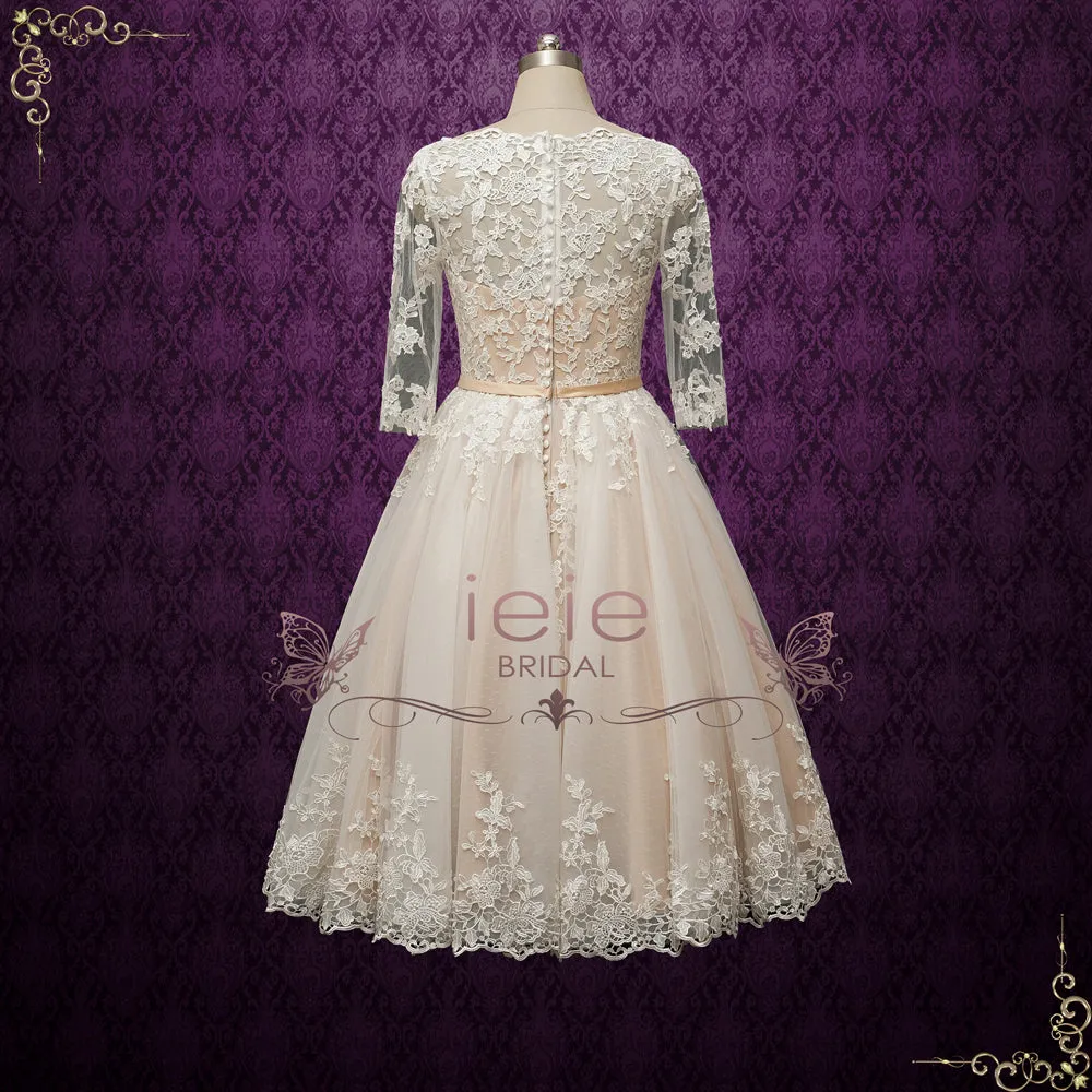 Vintage Champagne Short Lace Wedding Dress with Sleeves MAPLE