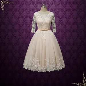 Vintage Champagne Short Lace Wedding Dress with Sleeves MAPLE