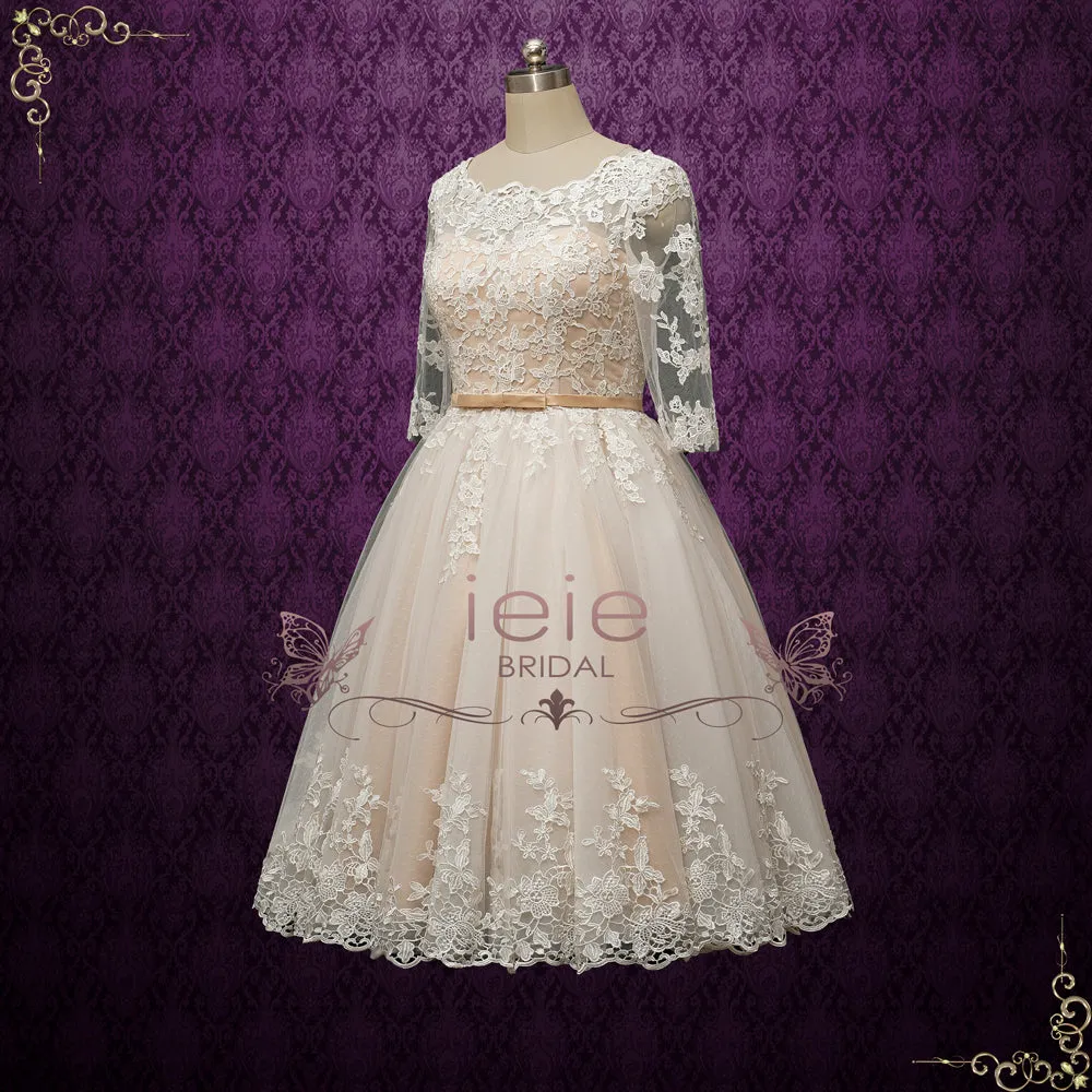 Vintage Champagne Short Lace Wedding Dress with Sleeves MAPLE