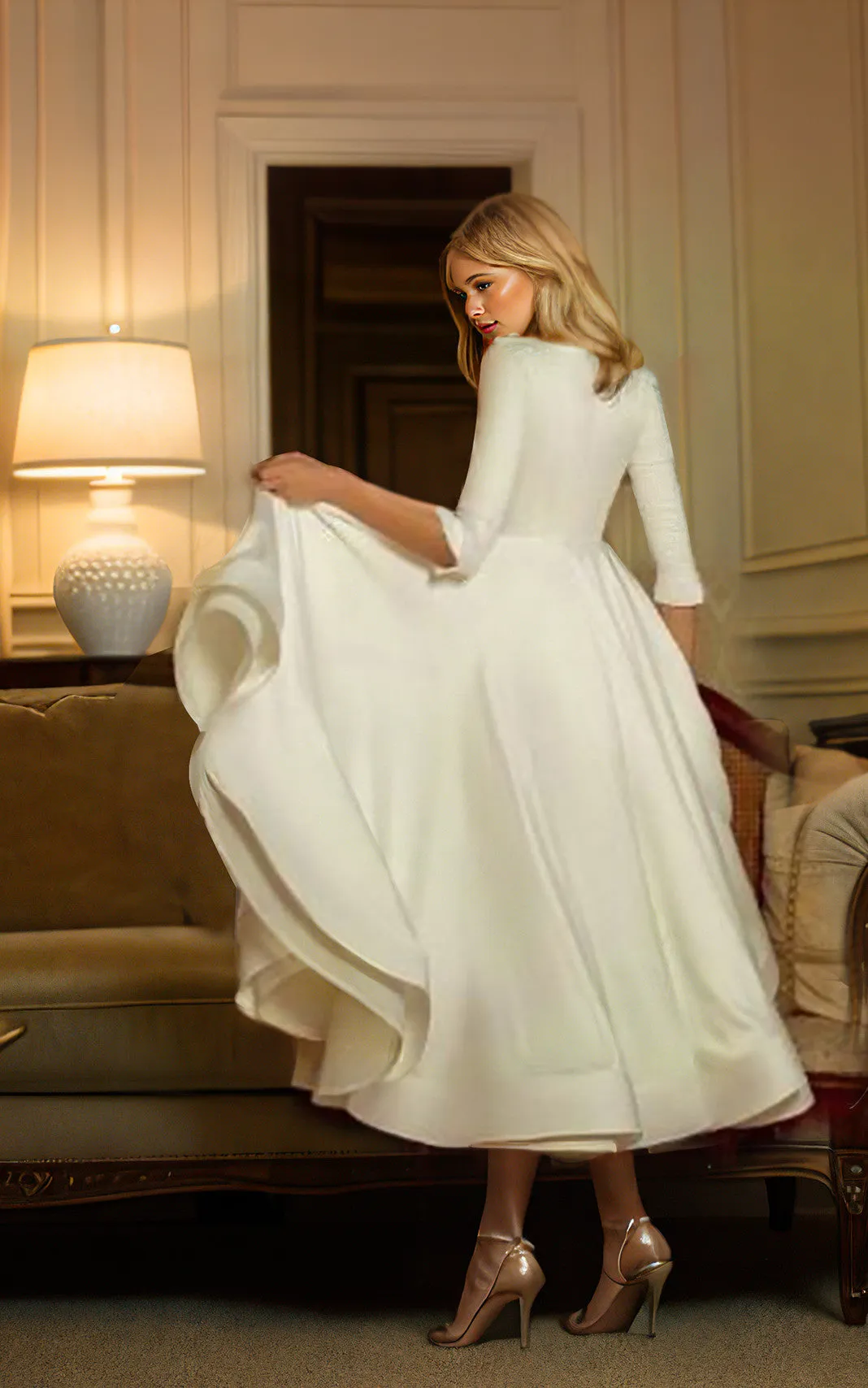 Vintage Simple Modest A-Line 3/4 Length Sleeve Dress for Wedding Rustic Casual Tea Length V-Neck Bridal Gown