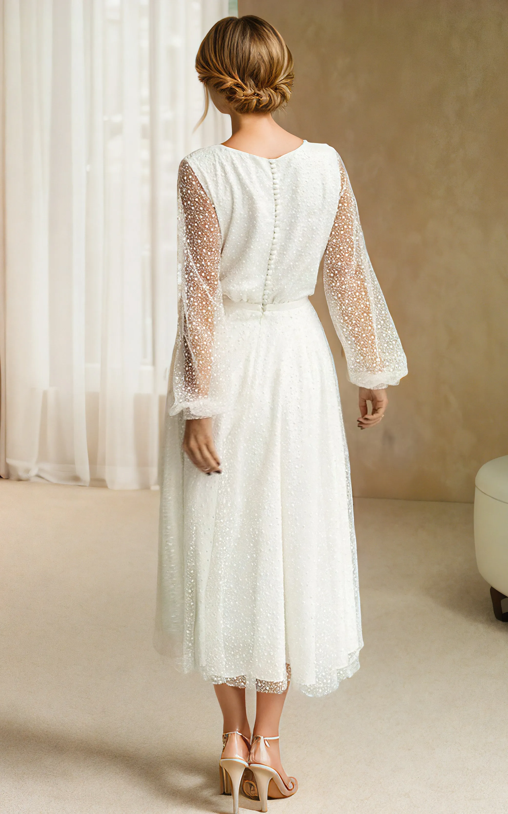 Vintage Sparkly Midi A-Line Illusion Sleeve Wedding Dress with Sexy V-Neck and Elegant Button Back