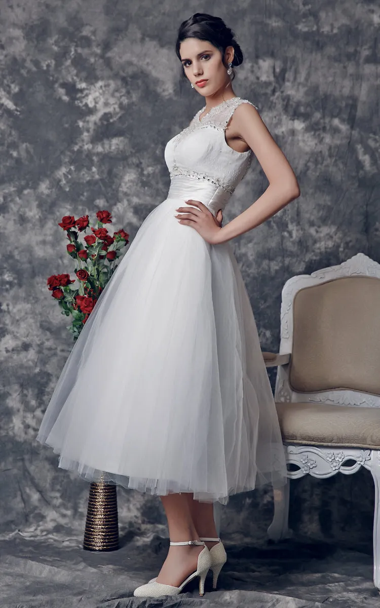Vintage Tea-Length Wedding Dress with Illusion Back-ZP_706165