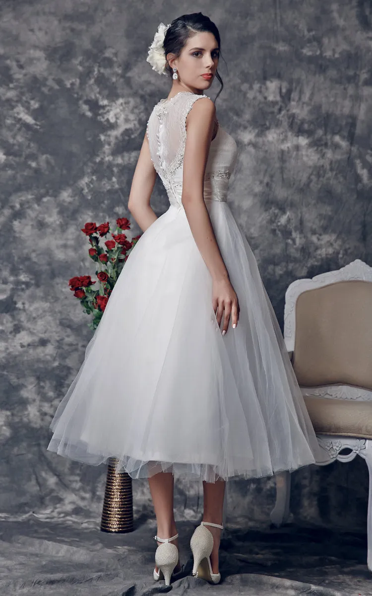 Vintage Tea-Length Wedding Dress with Illusion Back-ZP_706165
