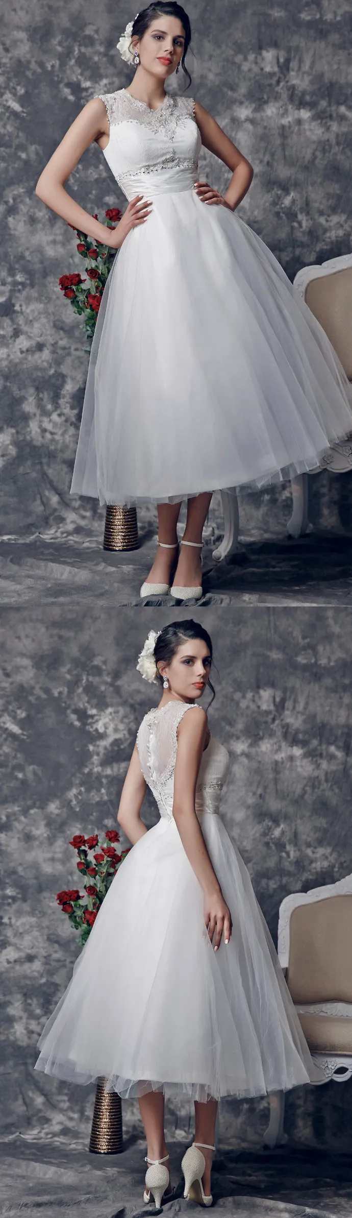 Vintage Tea-Length Wedding Dress with Illusion Back-ZP_706165