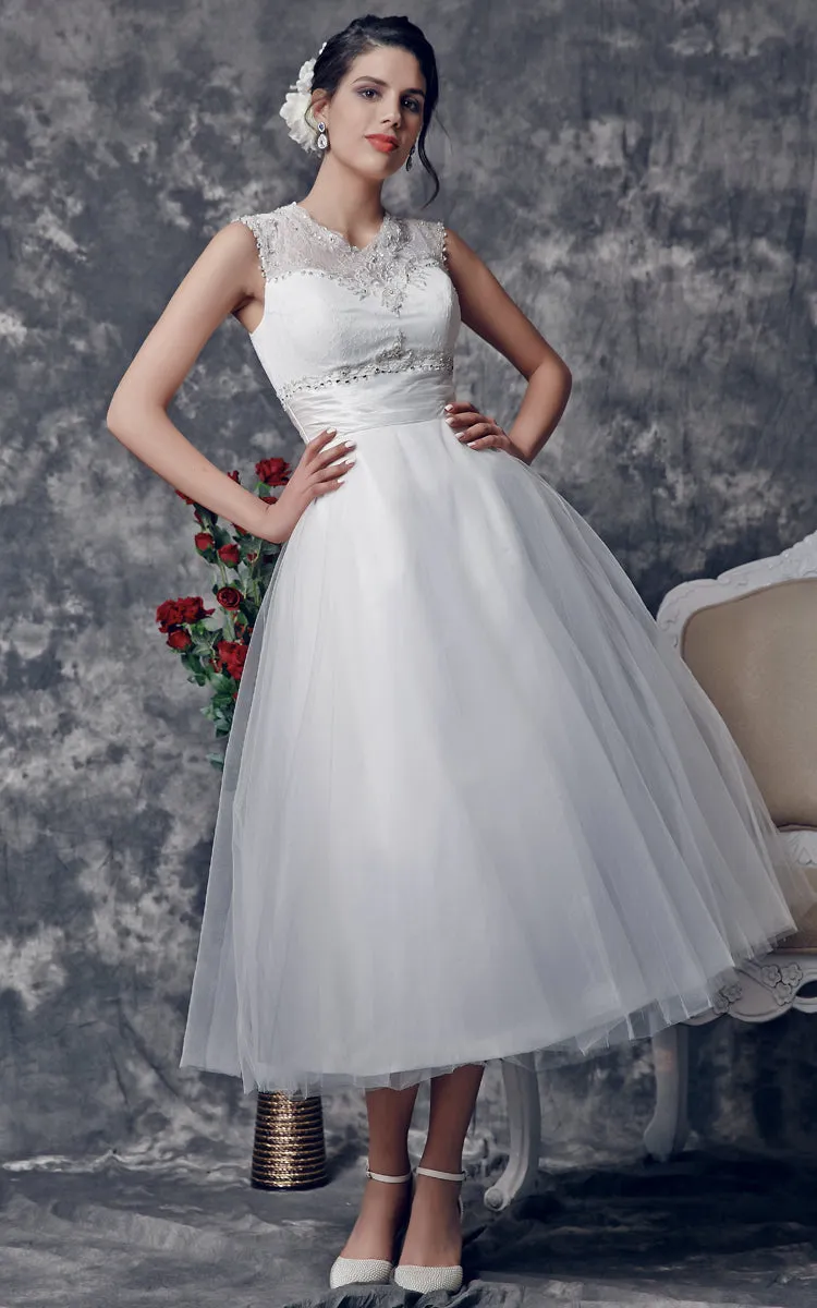 Vintage Tea-Length Wedding Dress with Illusion Back-ZP_706165