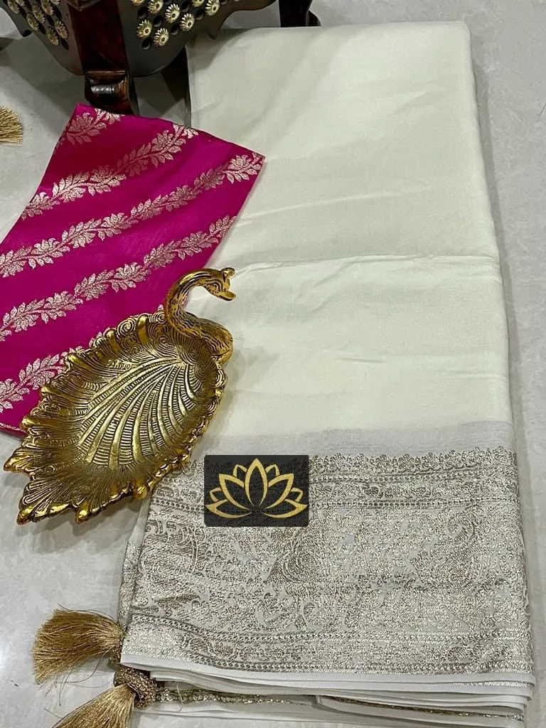 White Gold Banarasi Soft Silk Designer Saree
