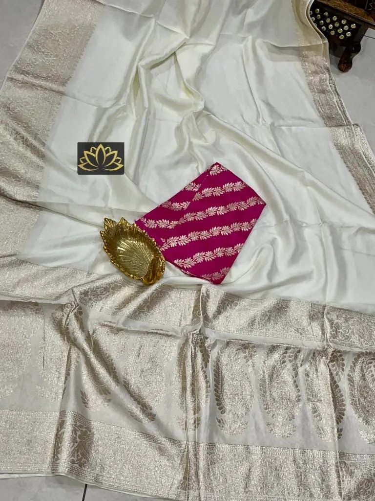 White Gold Banarasi Soft Silk Designer Saree