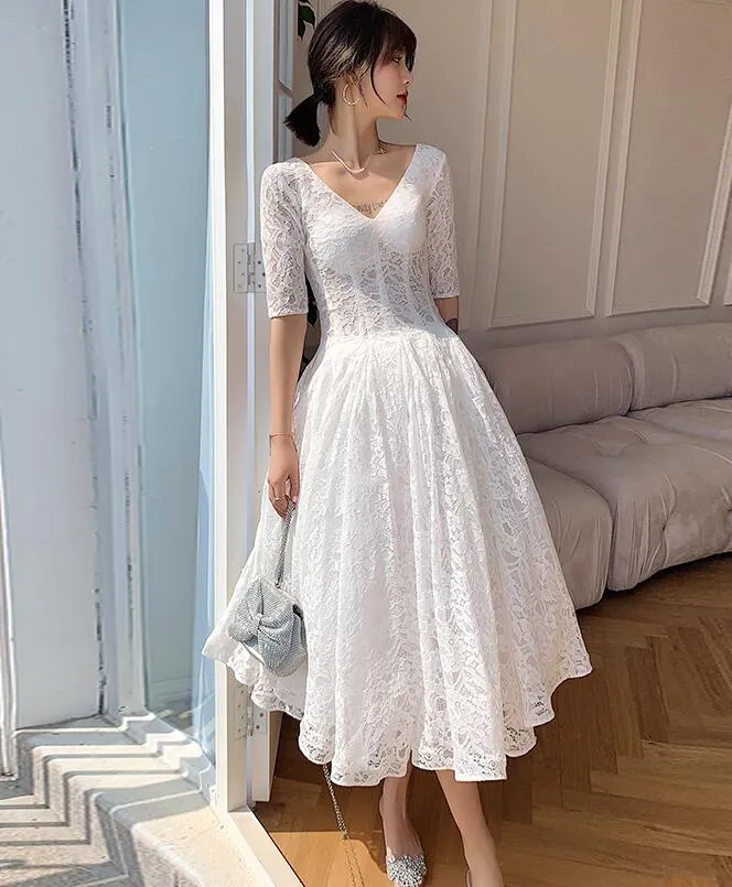 White Lace Short Sleeves Tea Length Wedding Party Dress, White Graduation Dresses