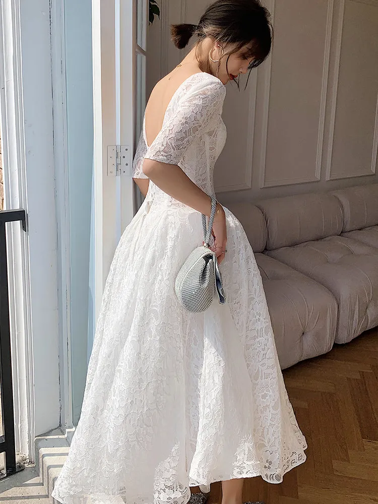 White Lace Short Sleeves Tea Length Wedding Party Dress, White Graduation Dresses