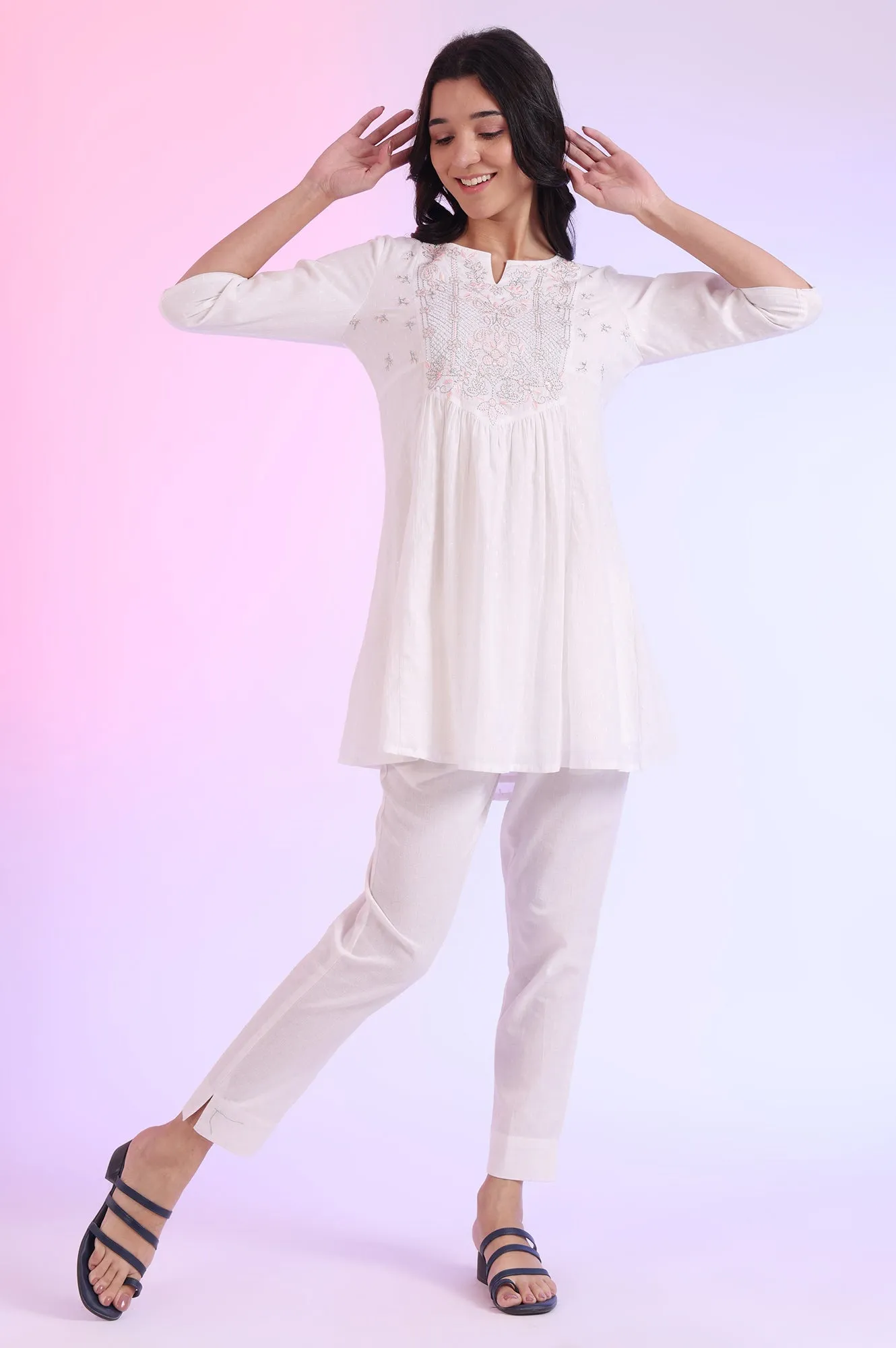 White Solid Straight Cotton Blend Kurti