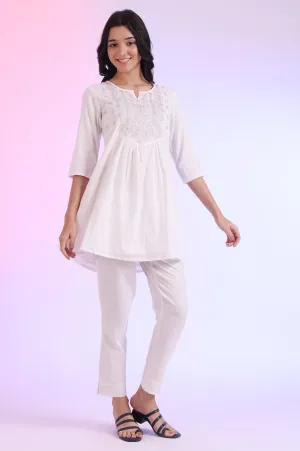 White Solid Straight Cotton Blend Kurti