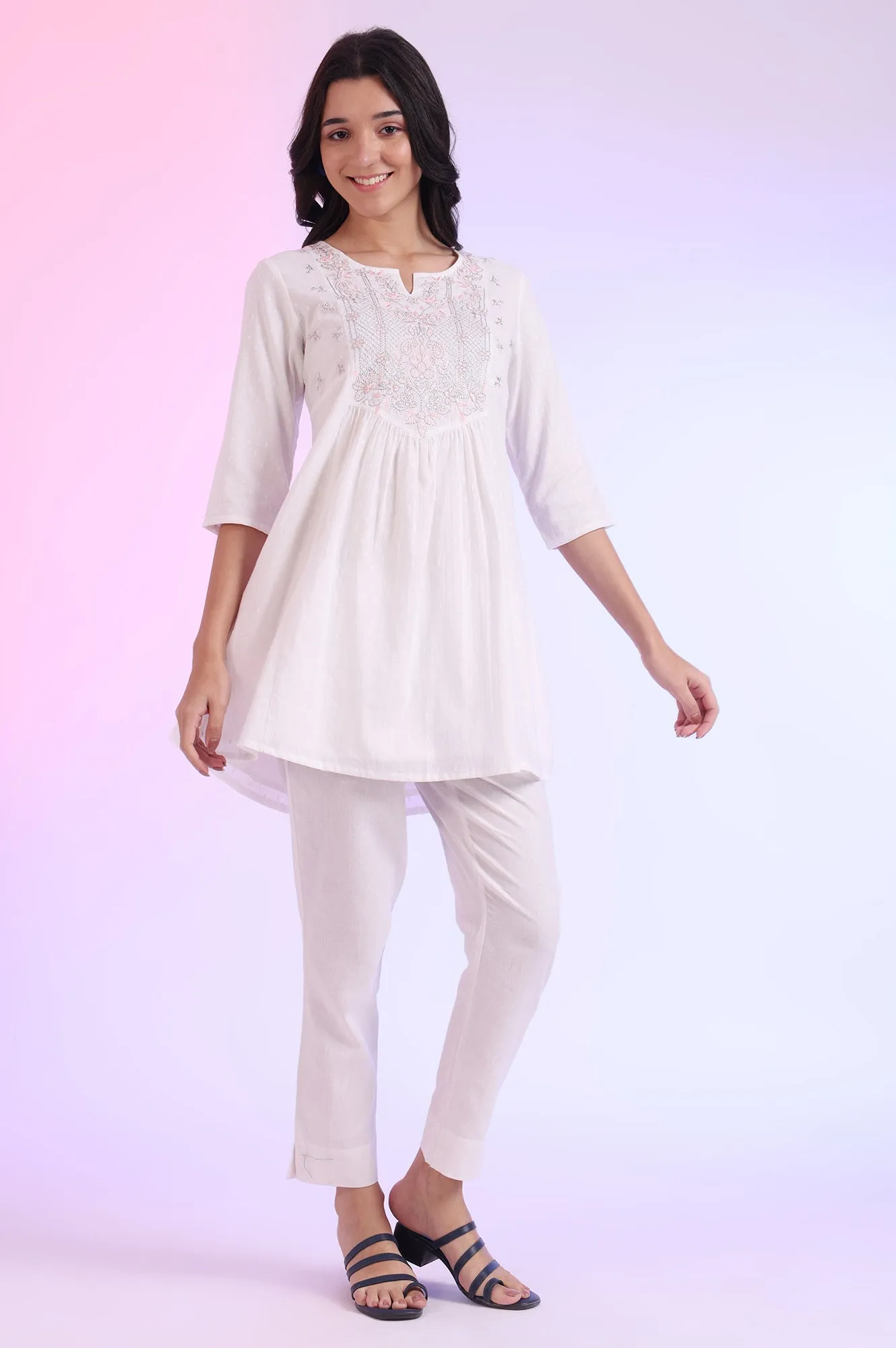 White Solid Straight Cotton Blend Kurti