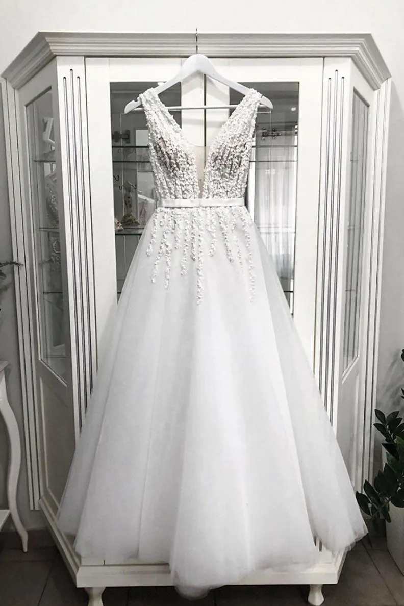 White v neck tulle tea Length prom dress, tulle evening dress