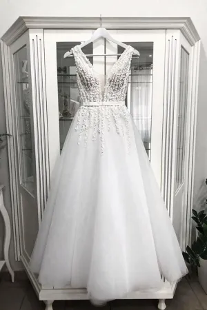 White v neck tulle tea Length prom dress, tulle evening dress