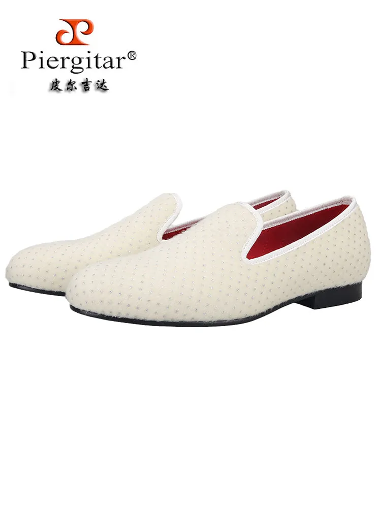 White velvet small rhinestone men's handmade loafers trendy party nightclub slip-on trendy shoes