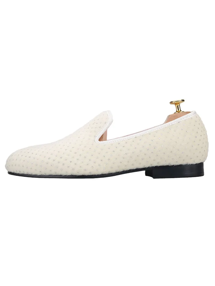 White velvet small rhinestone men's handmade loafers trendy party nightclub slip-on trendy shoes