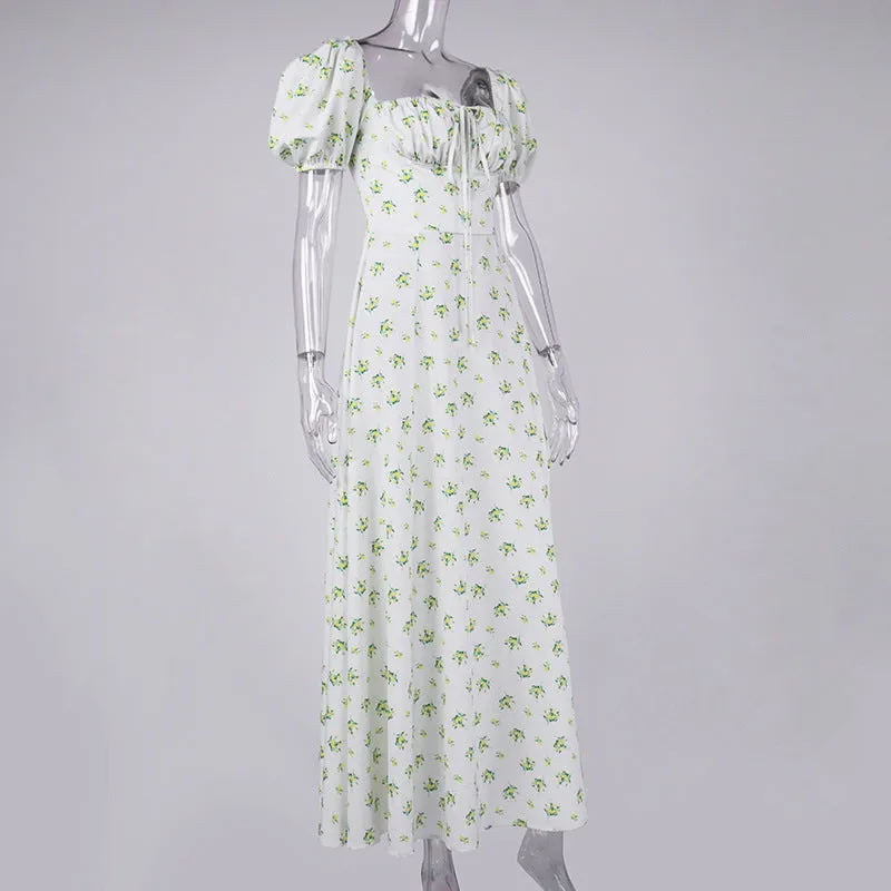 WHITE VINTAGE FLORAL PUFF SLEEVE MIDI DRESS