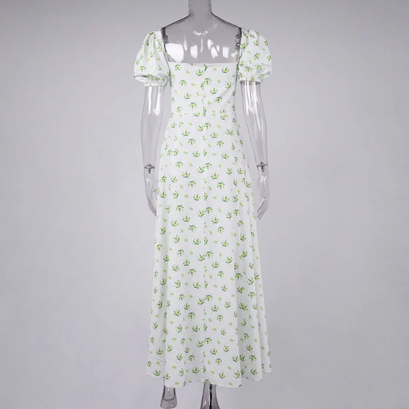 WHITE VINTAGE FLORAL PUFF SLEEVE MIDI DRESS