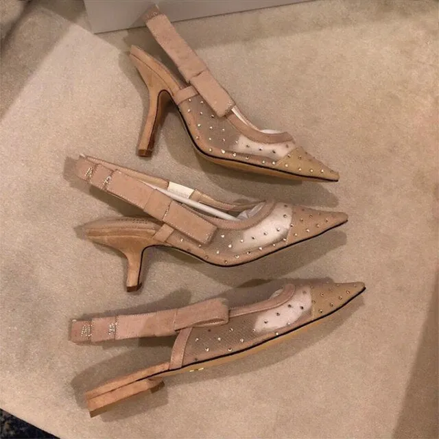 Women Mesh Rhinestones Pumps High Heels Shoes