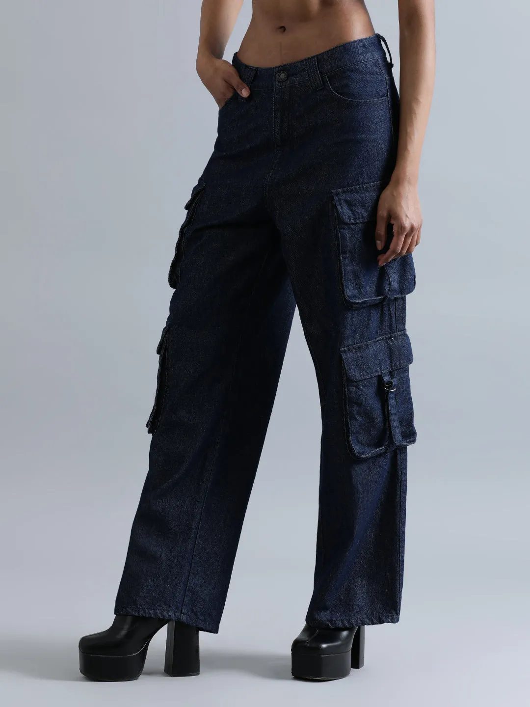 Women Navy Relaxed Fit Hig-Rise Cargo Jeans with Utility Cargo Pockets