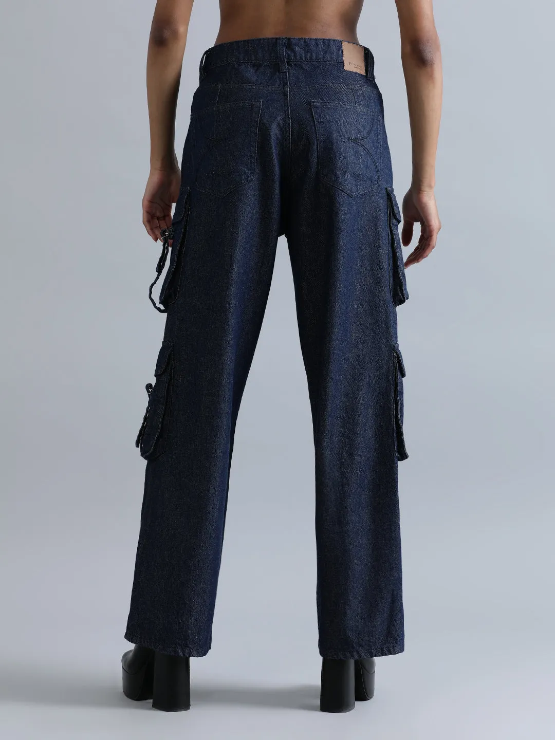 Women Navy Relaxed Fit Hig-Rise Cargo Jeans with Utility Cargo Pockets