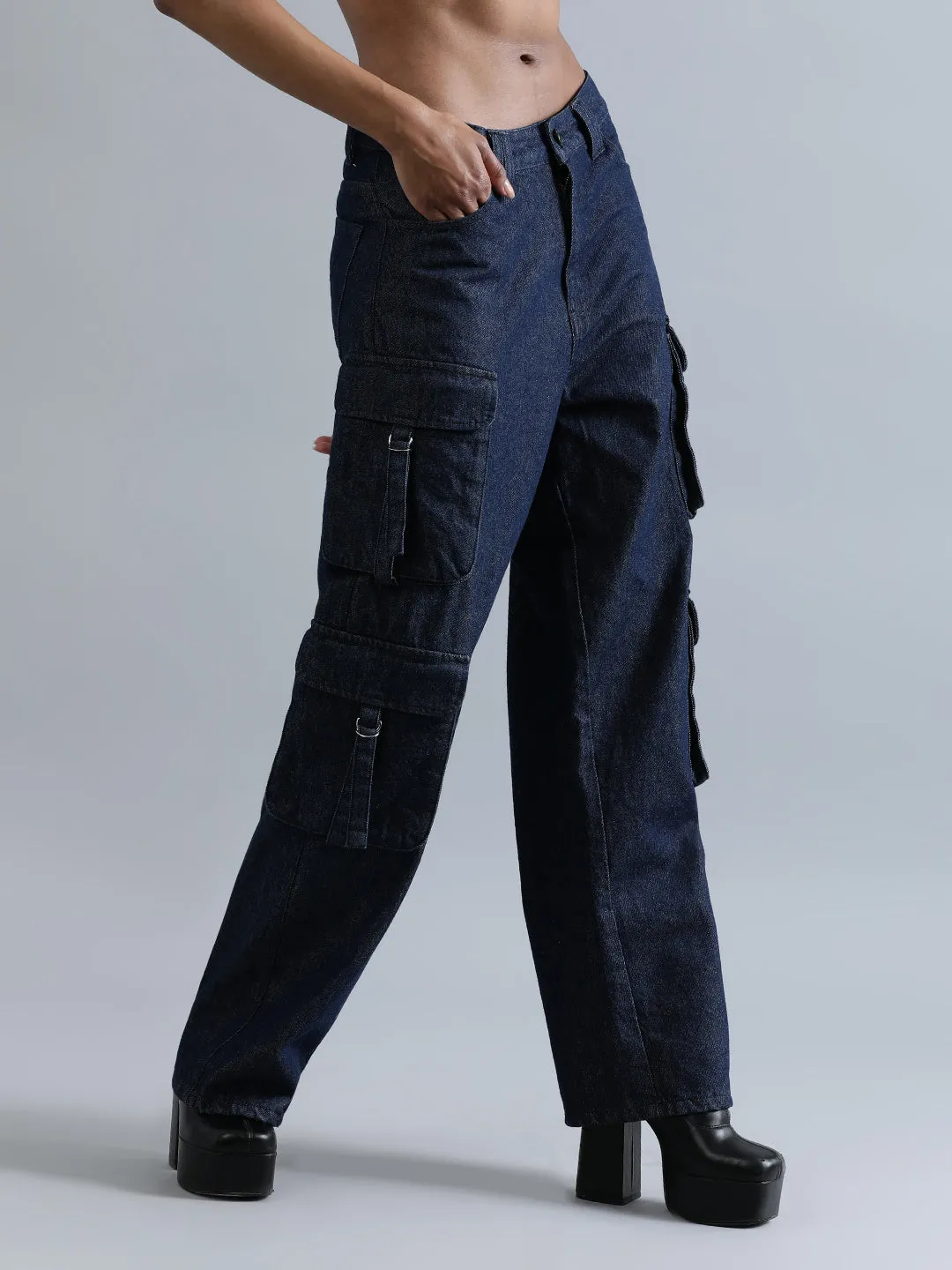 Women Navy Relaxed Fit Hig-Rise Cargo Jeans with Utility Cargo Pockets