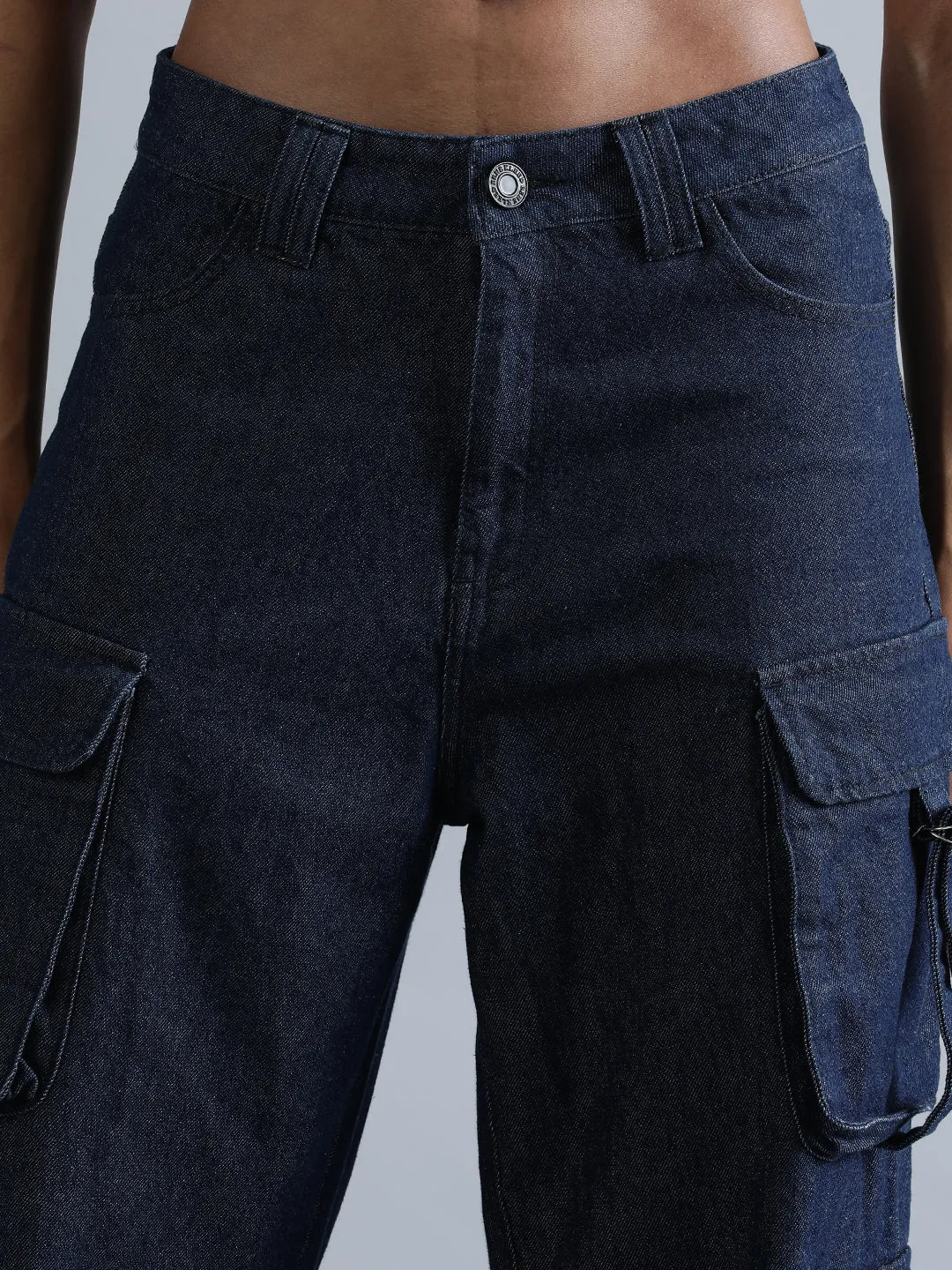 Women Navy Relaxed Fit Hig-Rise Cargo Jeans with Utility Cargo Pockets