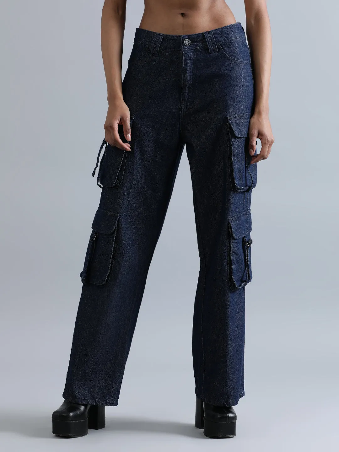 Women Navy Relaxed Fit Hig-Rise Cargo Jeans with Utility Cargo Pockets