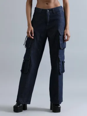 Women Navy Relaxed Fit Hig-Rise Cargo Jeans with Utility Cargo Pockets