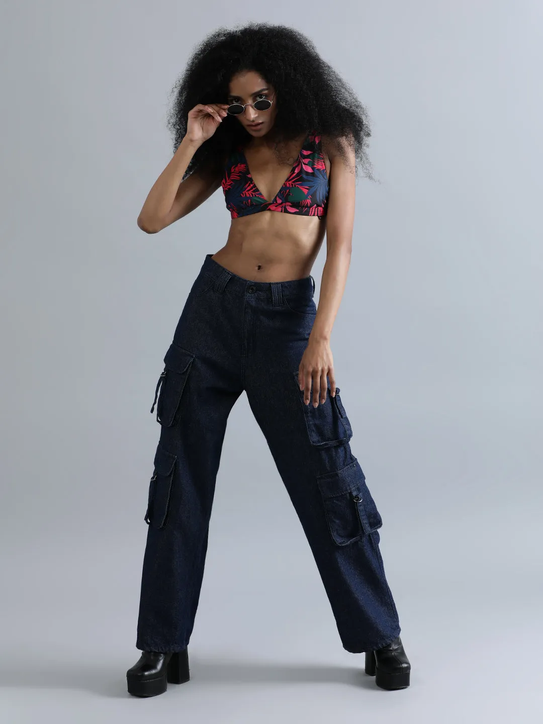 Women Navy Relaxed Fit Hig-Rise Cargo Jeans with Utility Cargo Pockets