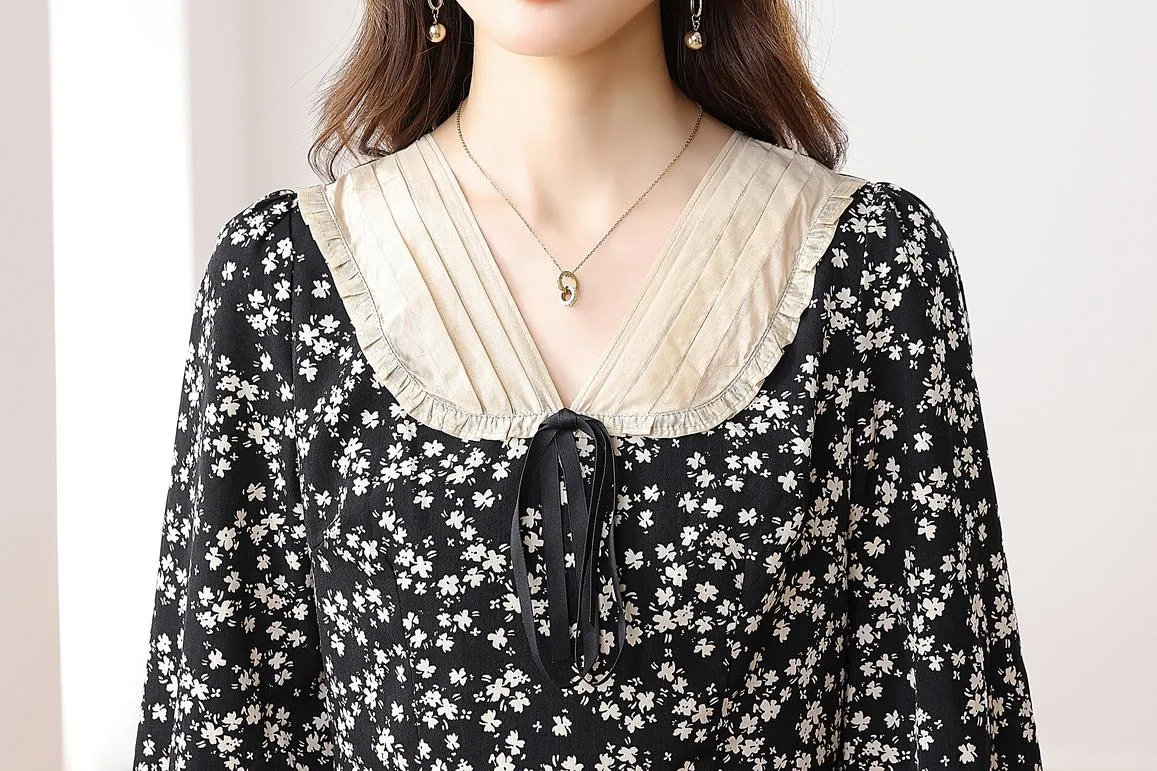 Women's A-line Tea Dress featuring a Bow Tie Neckline and Ruffles