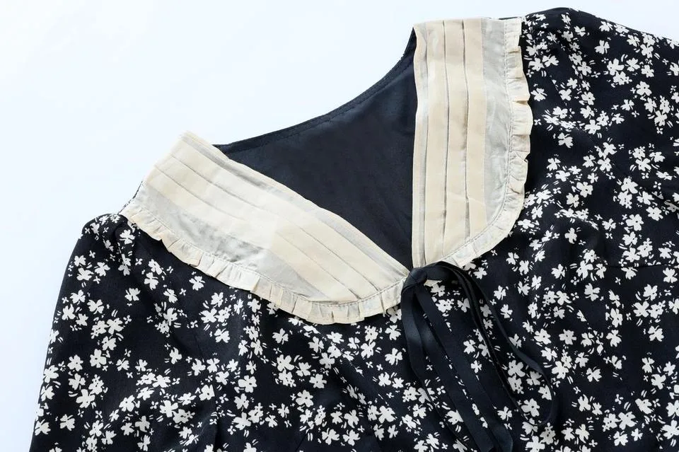 Women's A-line Tea Dress featuring a Bow Tie Neckline and Ruffles