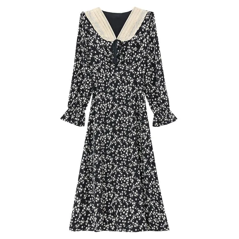 Women's A-line Tea Dress featuring a Bow Tie Neckline and Ruffles
