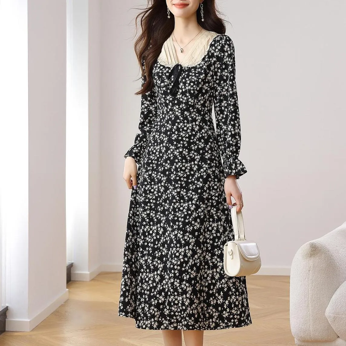 Women's A-line Tea Dress featuring a Bow Tie Neckline and Ruffles