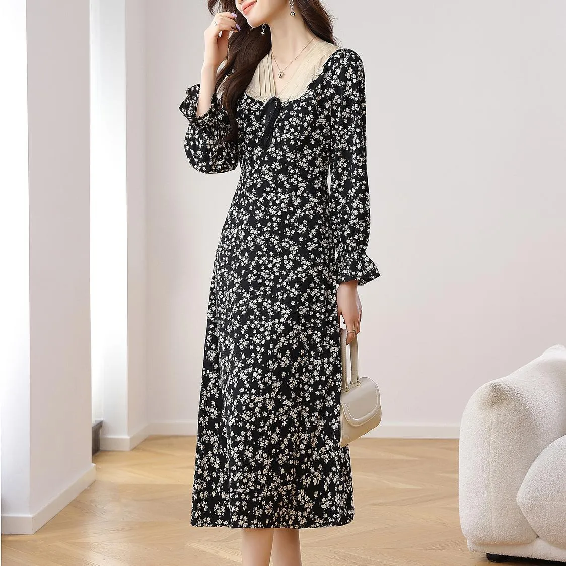 Women's A-line Tea Dress featuring a Bow Tie Neckline and Ruffles