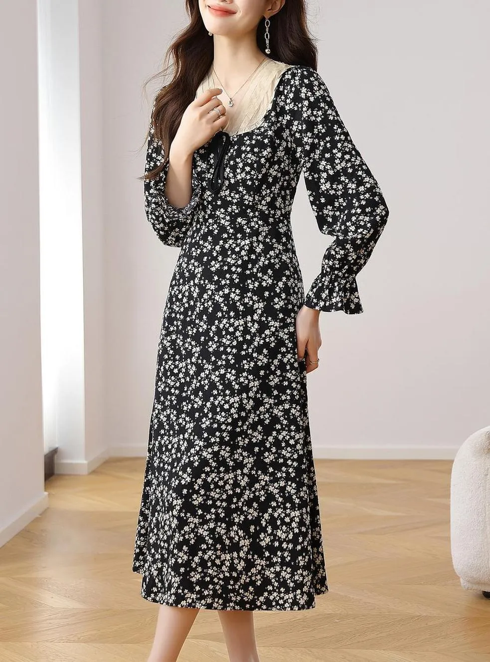 Women's A-line Tea Dress featuring a Bow Tie Neckline and Ruffles
