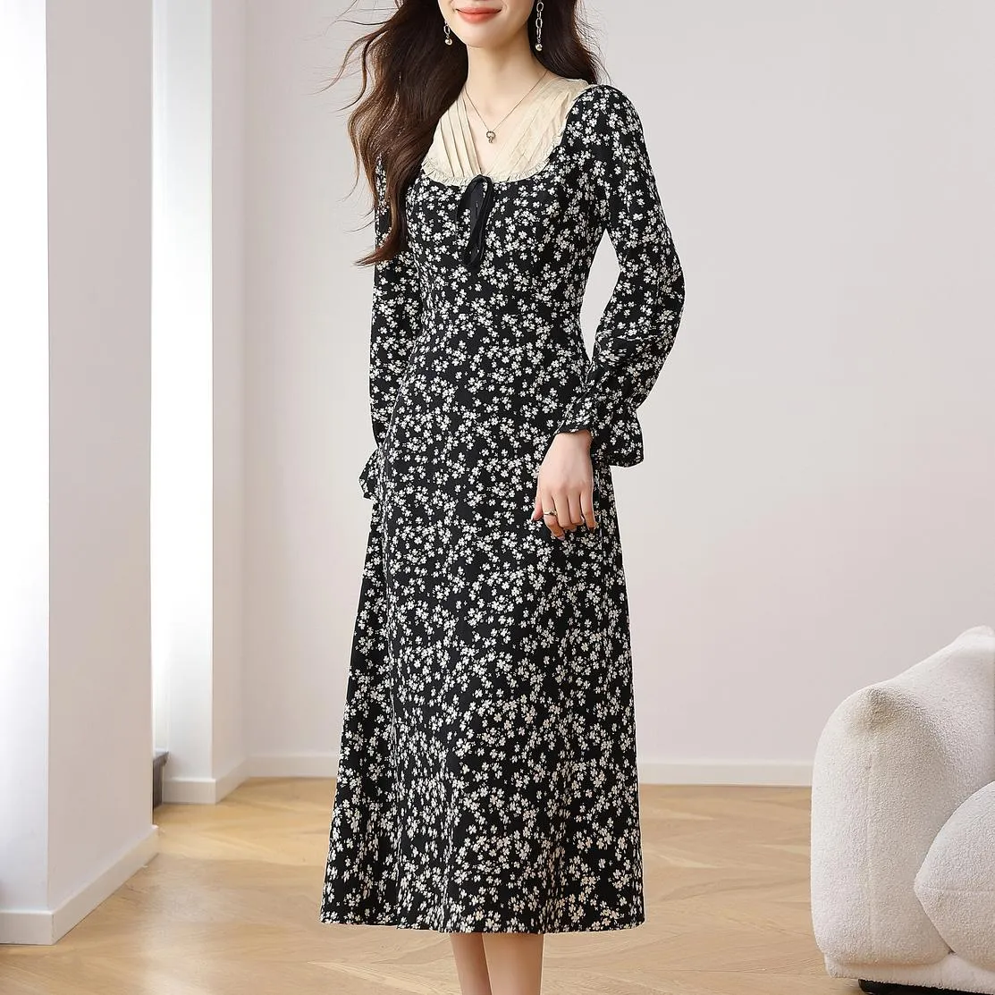 Women's A-line Tea Dress featuring a Bow Tie Neckline and Ruffles