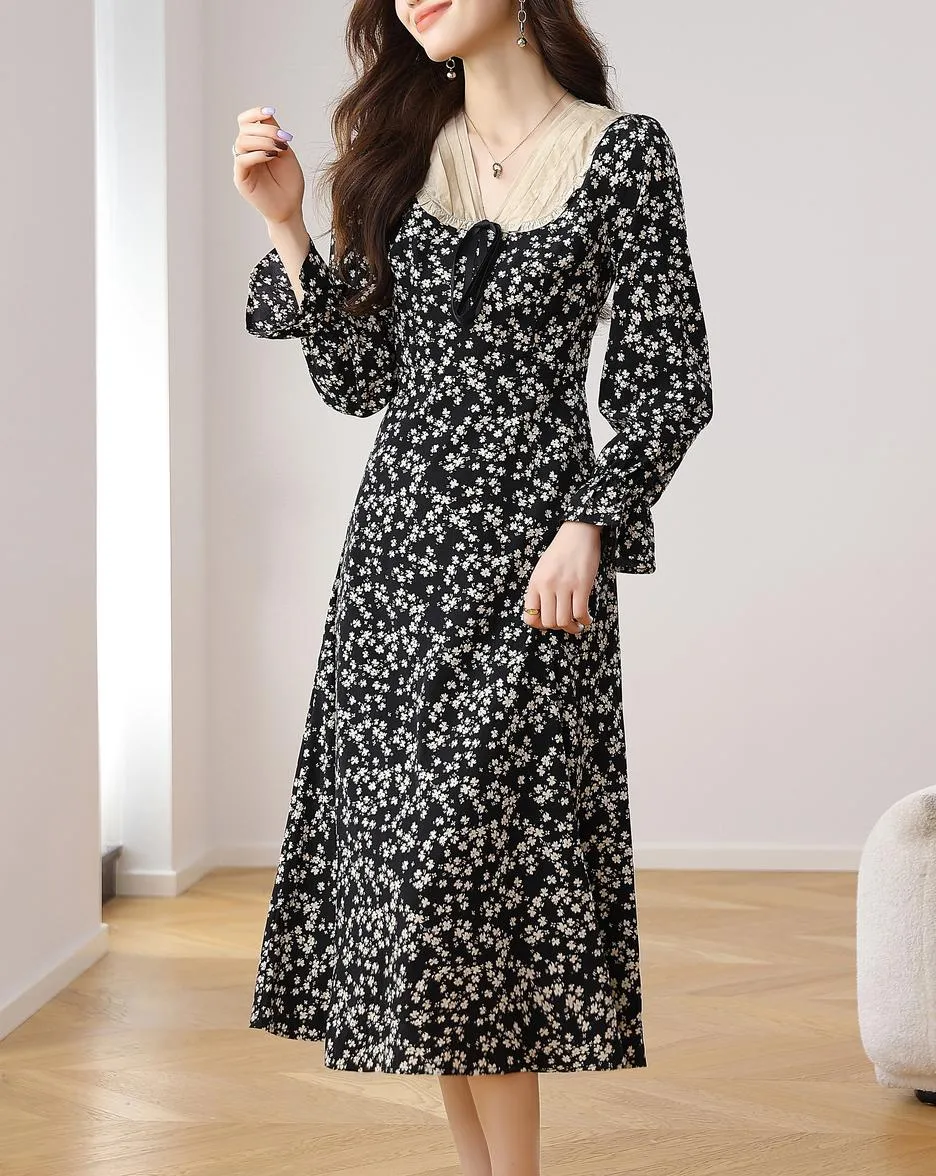Women's A-line Tea Dress featuring a Bow Tie Neckline and Ruffles