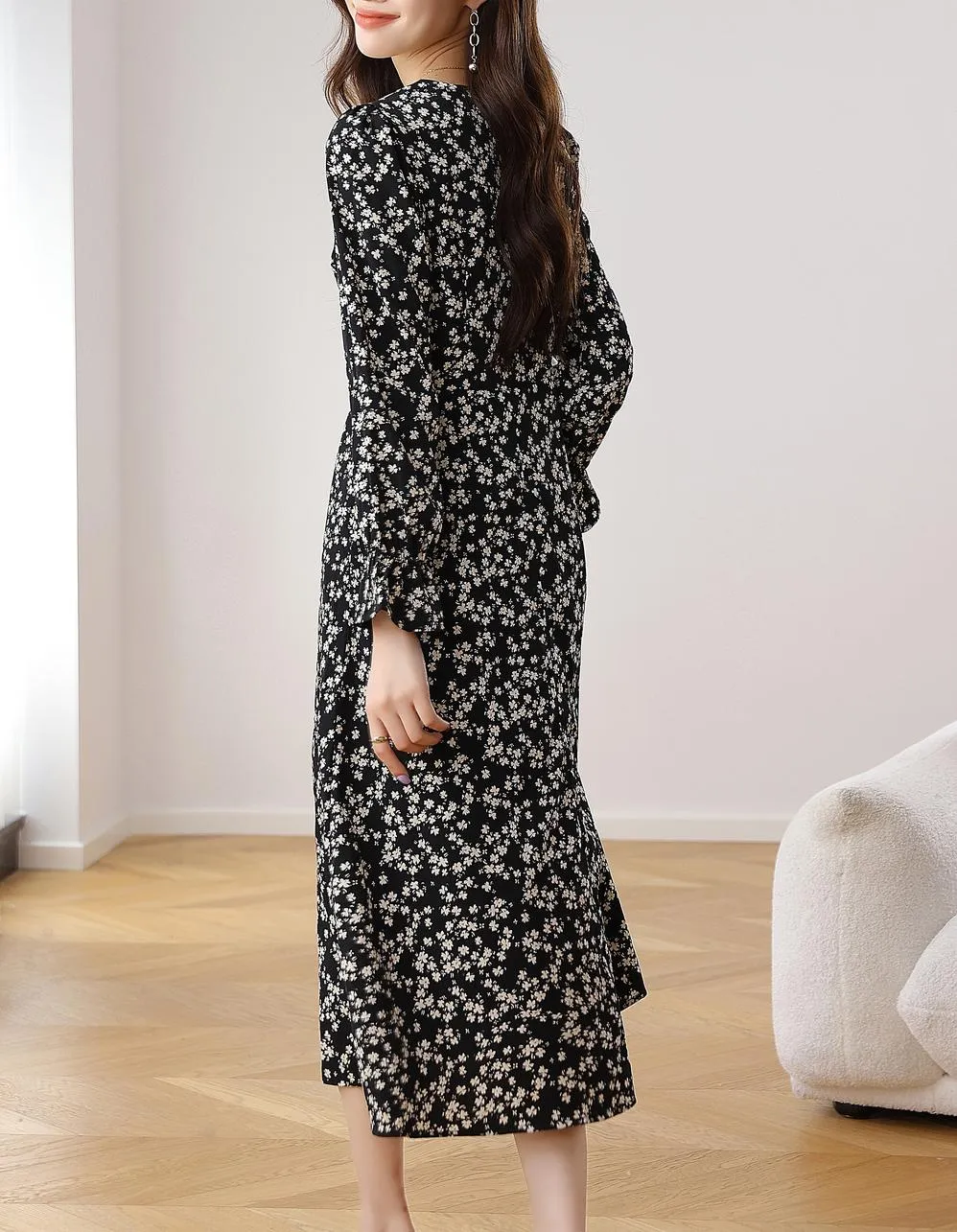 Women's A-line Tea Dress featuring a Bow Tie Neckline and Ruffles