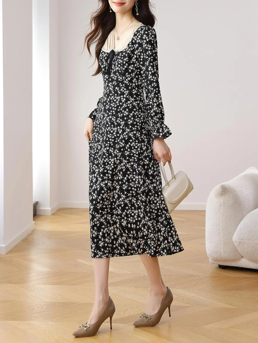 Women's A-line Tea Dress featuring a Bow Tie Neckline and Ruffles