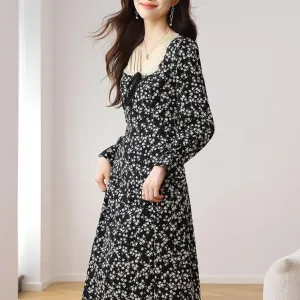 Women's A-line Tea Dress featuring a Bow Tie Neckline and Ruffles