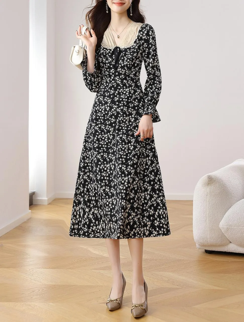 Women's A-line Tea Dress featuring a Bow Tie Neckline and Ruffles