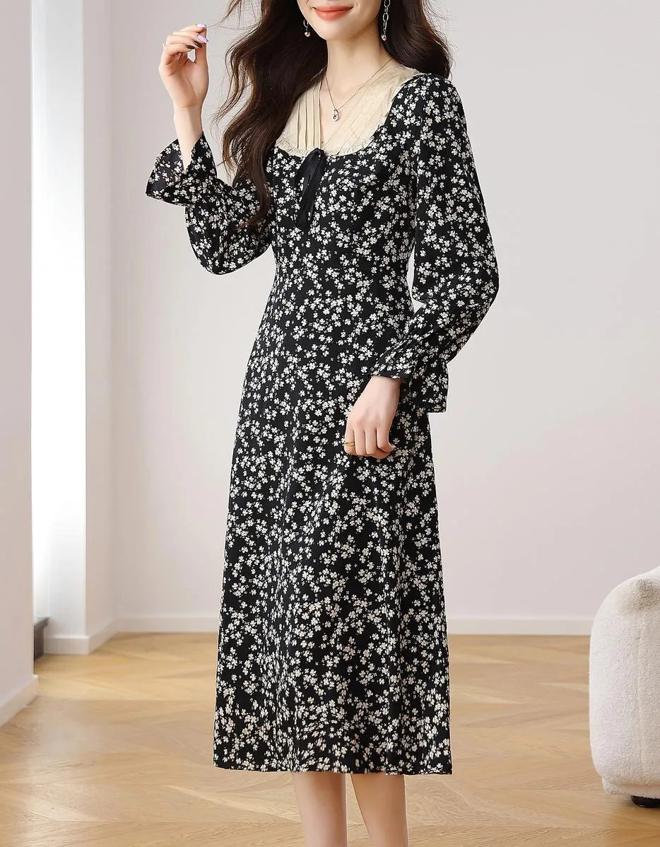 Women's A-line Tea Dress featuring a Bow Tie Neckline and Ruffles