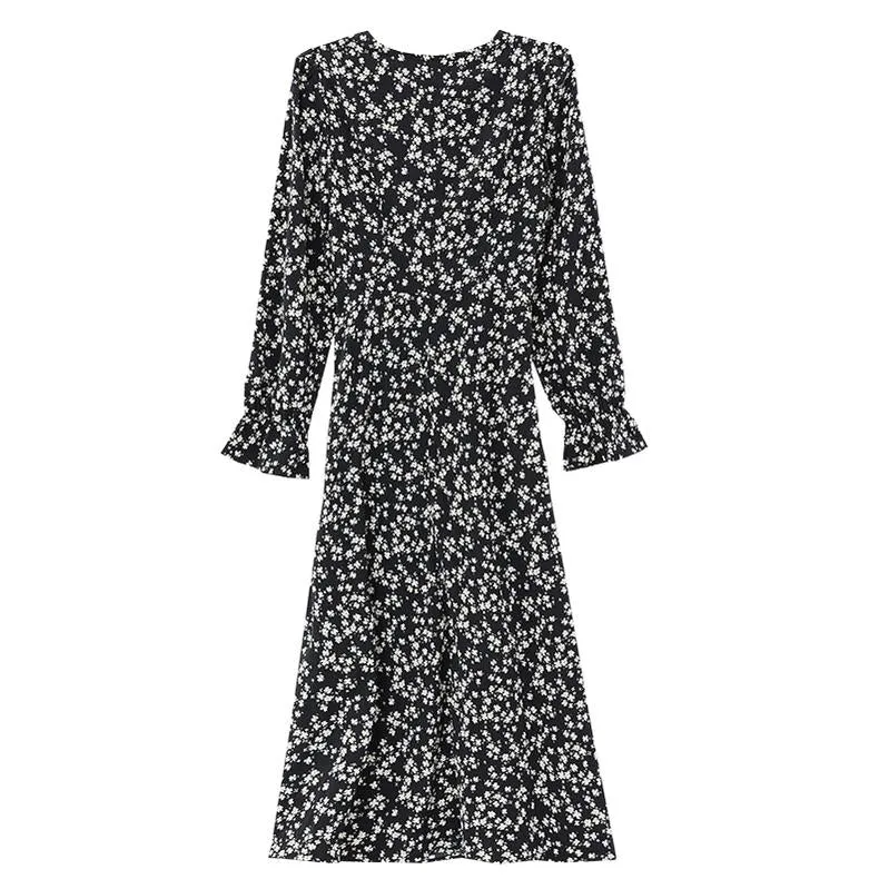 Women's A-line Tea Dress featuring a Bow Tie Neckline and Ruffles