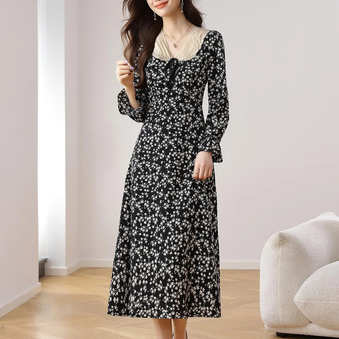 Women's A-line Tea Dress featuring a Bow Tie Neckline and Ruffles
