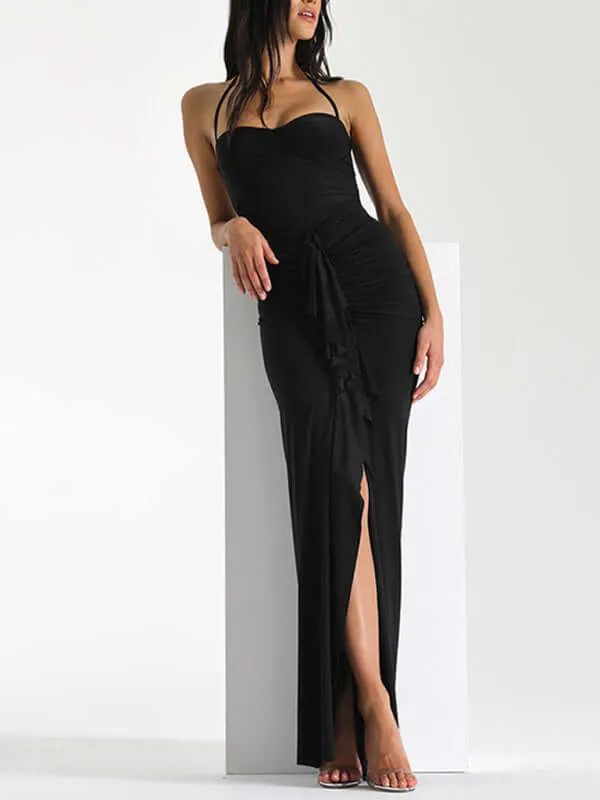 Women's new style halterneck lace-up slim-fit fungus pleated slit hot girl style dress