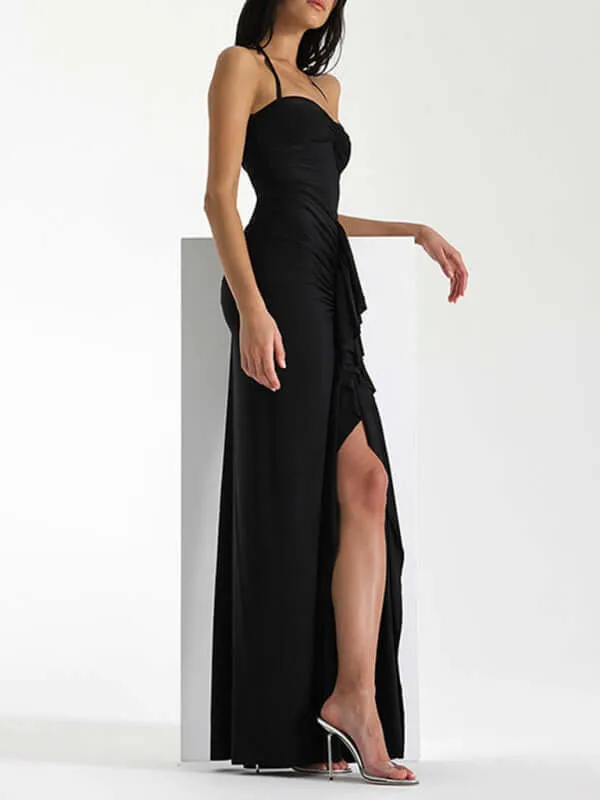 Women's new style halterneck lace-up slim-fit fungus pleated slit hot girl style dress